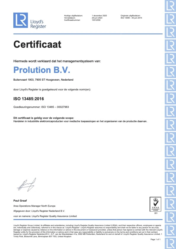 Certificaat ISO13485 Prolution Hoogeveen